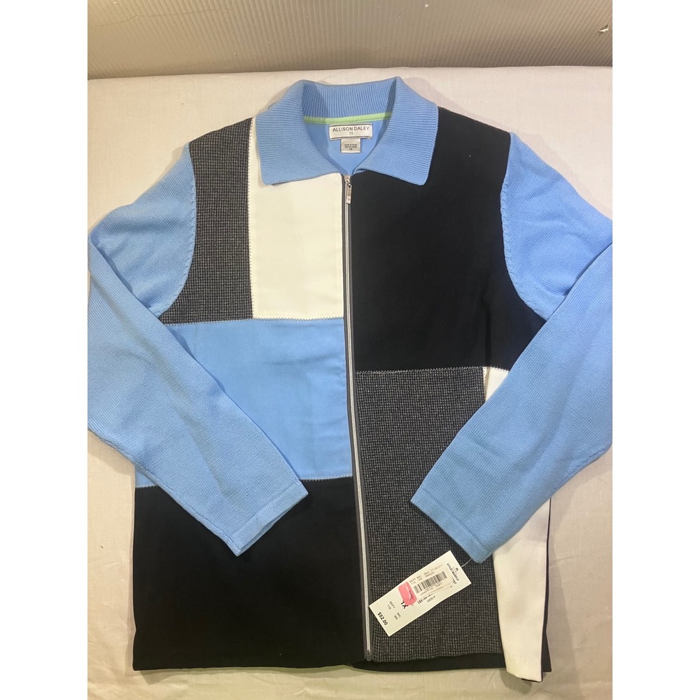Allison Daley II Womens 1X‎ Patchwork Zip Front Cardigan Jacket Blue Black NEW